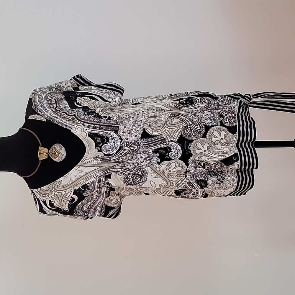 Lascana for Venus V-NECK  paisley brown, cream & black tunic belted top  sz S